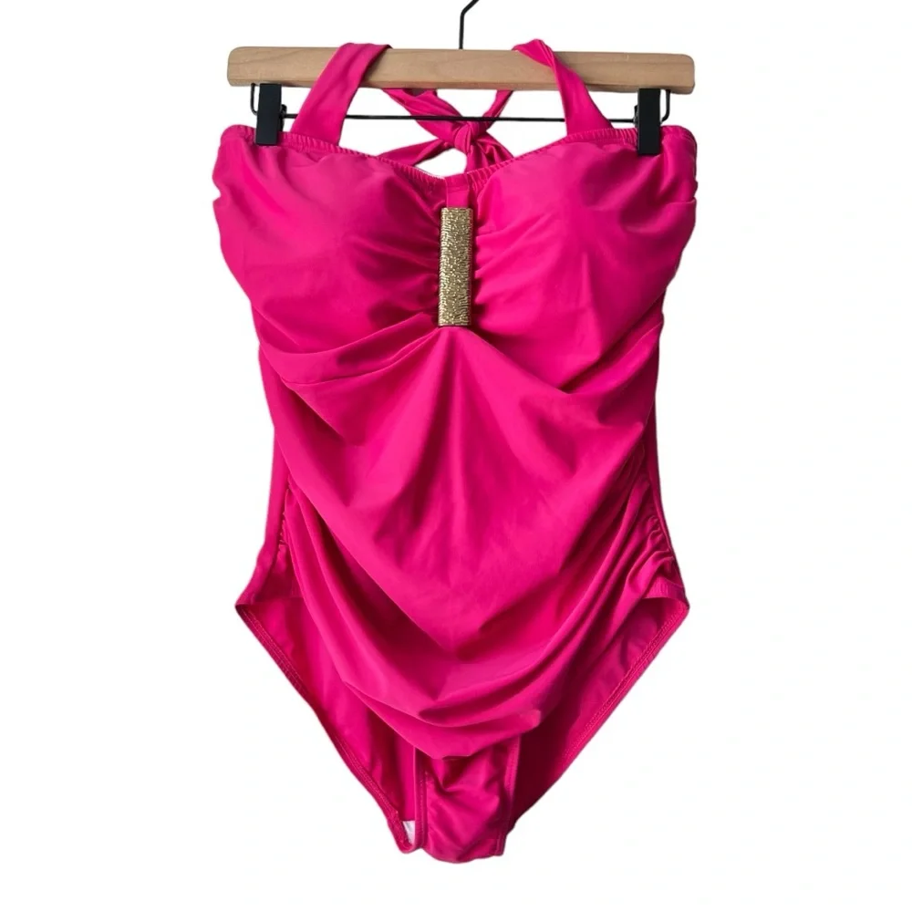 Melissa Odabash Sea  Magenta Pink Halterneck‎ Ruched One Piece Swimsuit Size 14